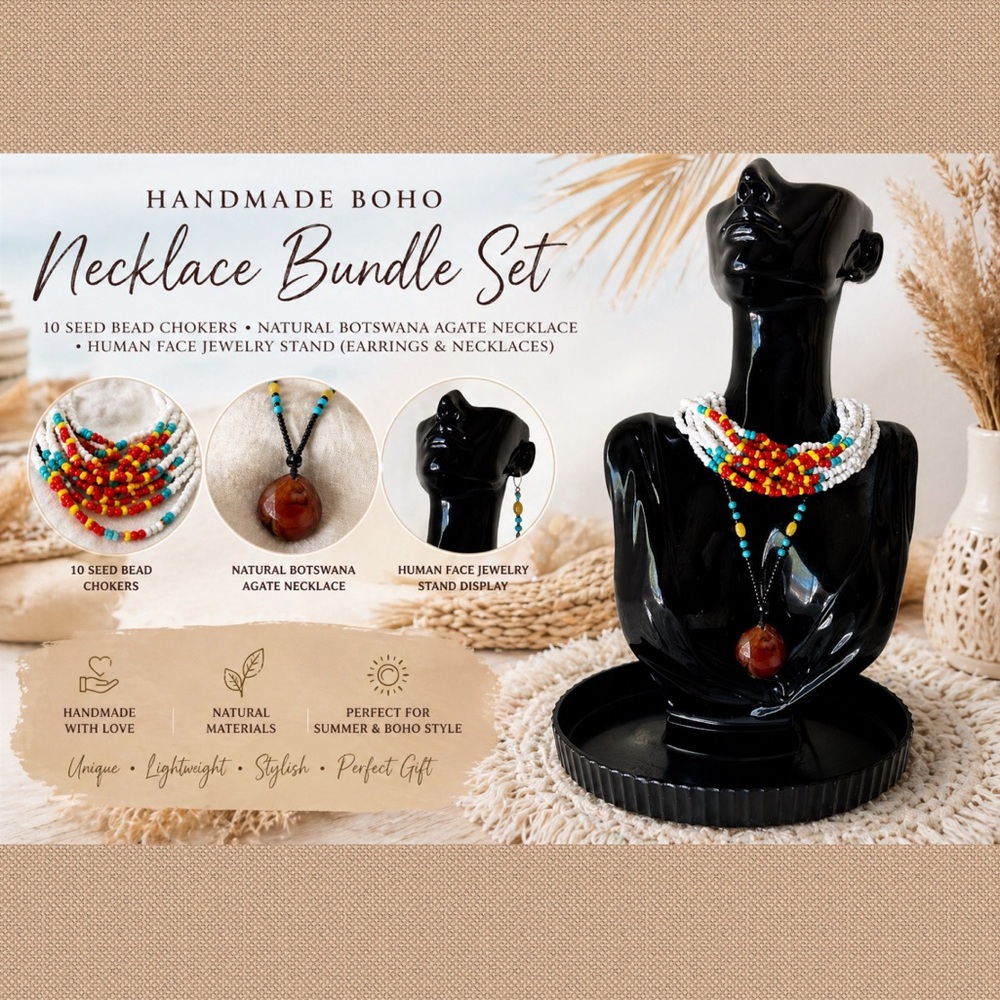 10 Boho Seed Bead Necklaces + Natural Agate Pendant + Display Stand Bundle set